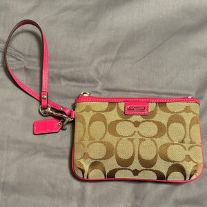 Coach Signature Canvas Wristlet in Brown with Hot Pink Trim